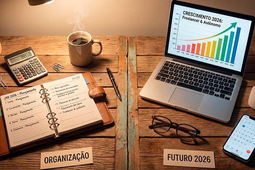 Planejamento financeiro 2026 para autônomos e freelancers com laptop e agenda.